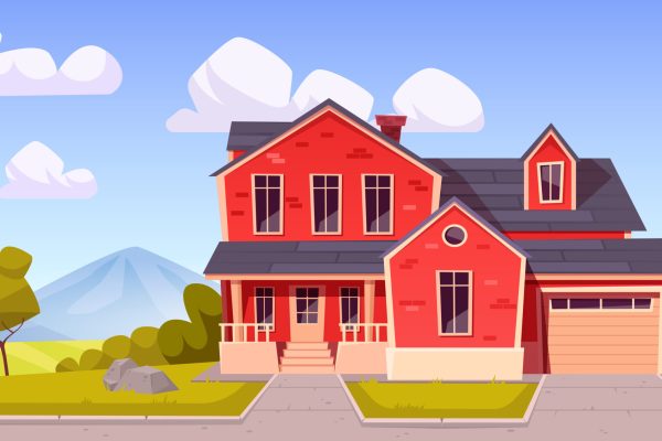 Suburban house, residential cottage, real estate countryside building red brick exterior. Two storey dwelling place with garage. Home facade with green lawn in front yard. Cartoon vector illustration