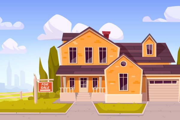 Suburban house with sign for sale. Residential cottage from yellow brick with garage with cityscape on background. Vector cartoon landscape with suburb mansion. Real estate purchase concept